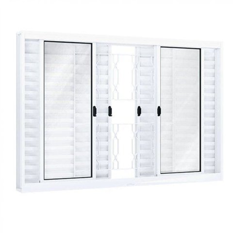 Janela de Aço Veneziana de Correr 100x150cm 6 Folhas com Grade Mosaico Riobras Branco