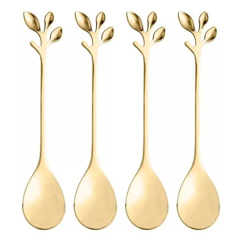 Conjunto 4 Colheres de Chá de Aço Inox Leaves Dourado - Wolff