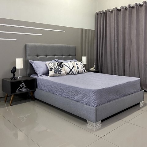 Cama Casal Clássica Almofadada Berlim Linho Cinza Rbl com Cabeceira 1,40 X 1,90