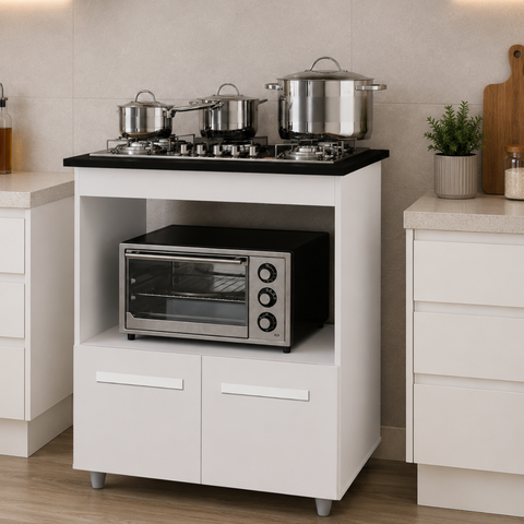 Balcão de Cozinha Armário para Fogão Cooktop 4 Bocas com Nicho para Forno Elétrico Elisa - Branco