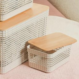 Caixa Organizadora Armário Tampa Bambu 20cm - Bege - 4