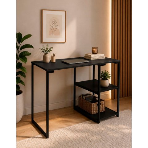 Mesa de Apoio Escrivaninha com Estante Prateleira Nic 900 mm Cor:Preto/Preto