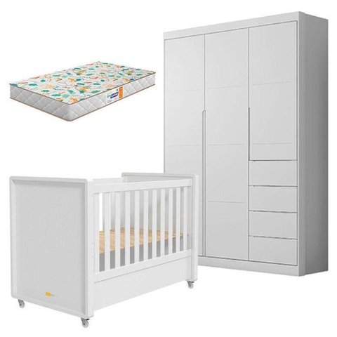 Berço Americano Tutto New e Guarda Roupa Infantil Eloá Branco Acetinado com Colchão Gazin –