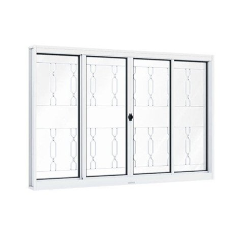 Janela de Aço de Correr 100x120cm 4 Folhas com Grade Mosaico e Vidro Liso Riobras