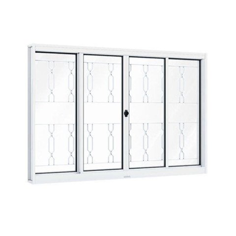 Janela de Aço de Correr 100x120cm 4 Folhas com Grade Mosaico e Vidro Liso Riobras Branco Lucasa