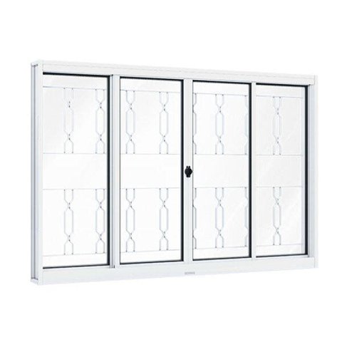 Janela de Aço de Correr 100x150cm 4 Folhas com Grade Mosaico e Vidro Liso Riobraso Branco