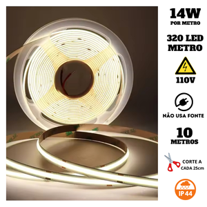 Fita Cob 320 Led's 10 Metros Ip44 110v 14w 4000k Liga Direto