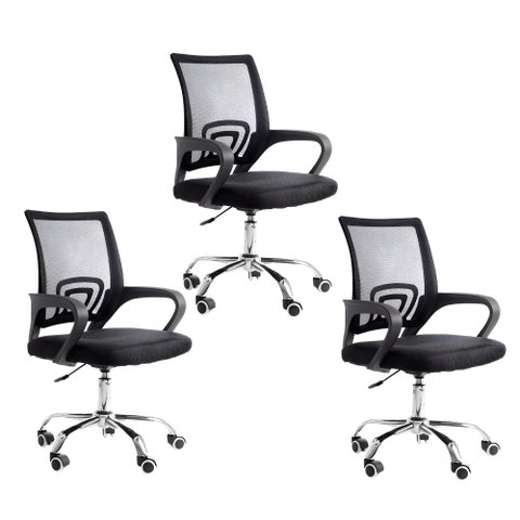 Kit 3 Cadeiras de Escritório Begonia Tela Mesh Ergonômico Preto Preto