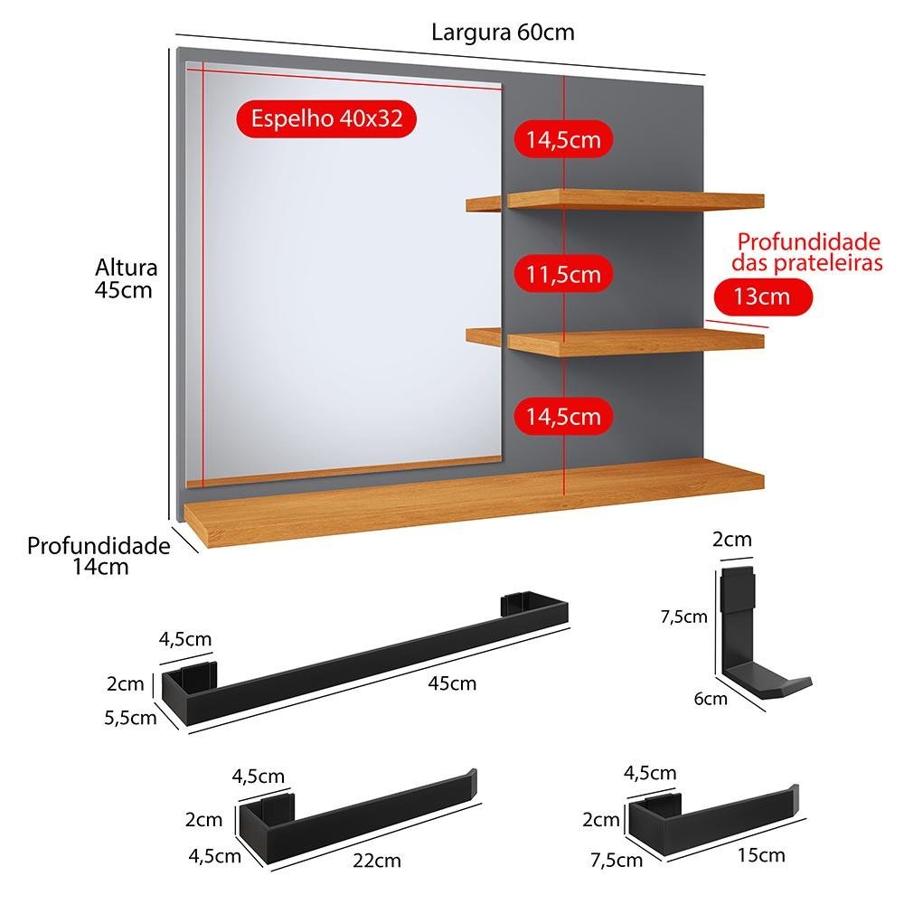 Espelheira Suspensa Prateleiras Organizadoras Cinza/Cinamomo e Kit Banheiro 4 Peças Lavabo Preto - 4