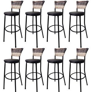 Kit 8 Banquetas Bistrô Aço Junco Sintetico Degrade Assento Preto