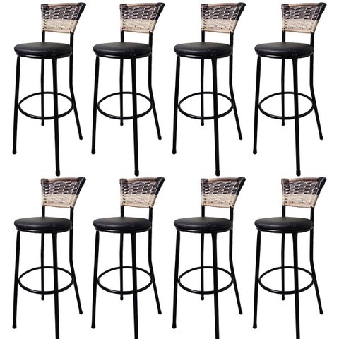 Kit 8 Banquetas Bistrô Aço Junco Sintetico Degrade Assento Preto