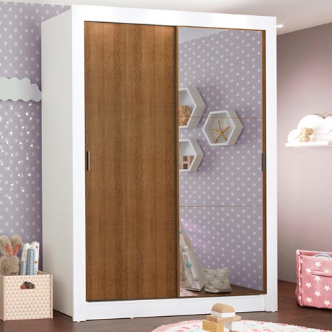 Guarda-Roupa Infantil Madesa Bento 2 Portas de Correr com Espelho 2 Gavetas Branco/Rustic Cor:Branco