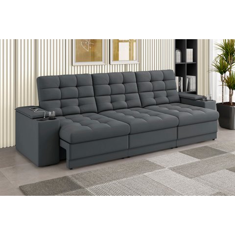 Sofá Confort Premium 2,30m Assento Retrátil e Reclinável Porta Copos e USB Suede Cinza - Xflex
