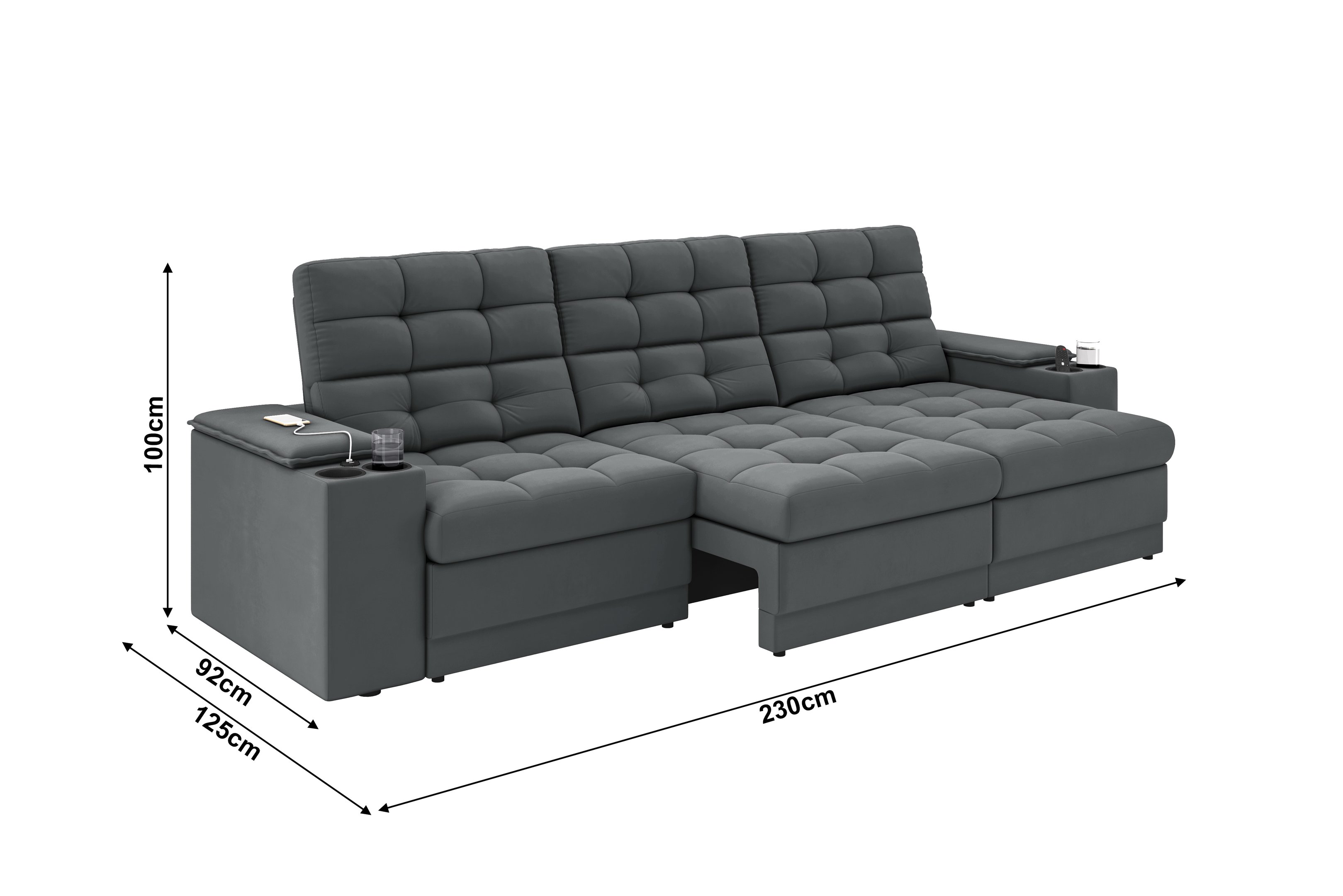 Sofá Confort Premium 2,30m Assento Retrátil/reclinável Porta Copos e Usb Suede Cinza - Xflex - 2