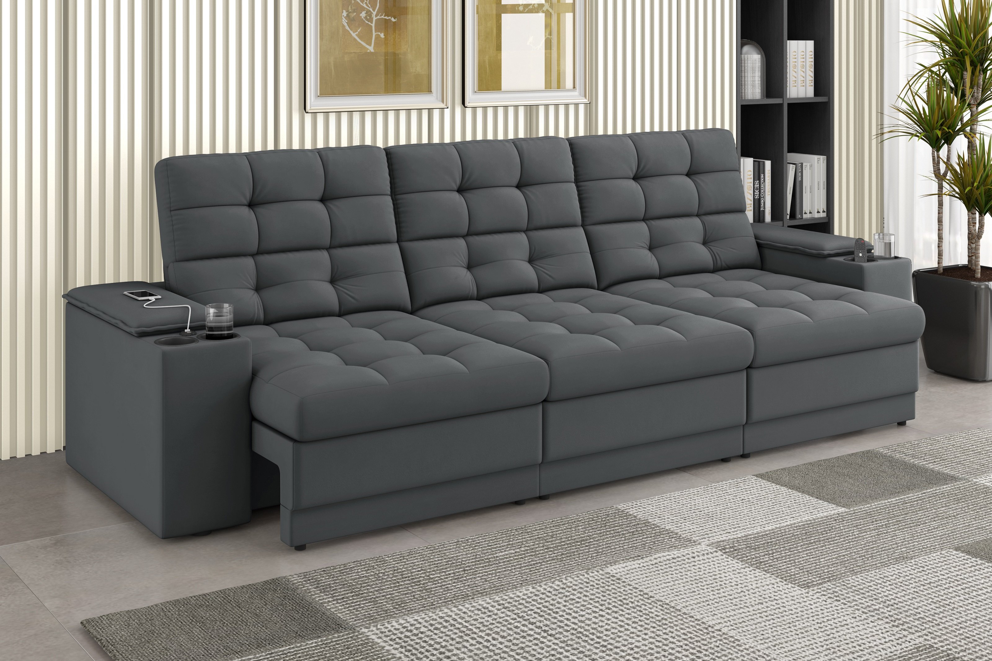 Sofá Confort Premium 2,30m Assento Retrátil/reclinável Porta Copos e Usb Suede Cinza - Xflex - 1