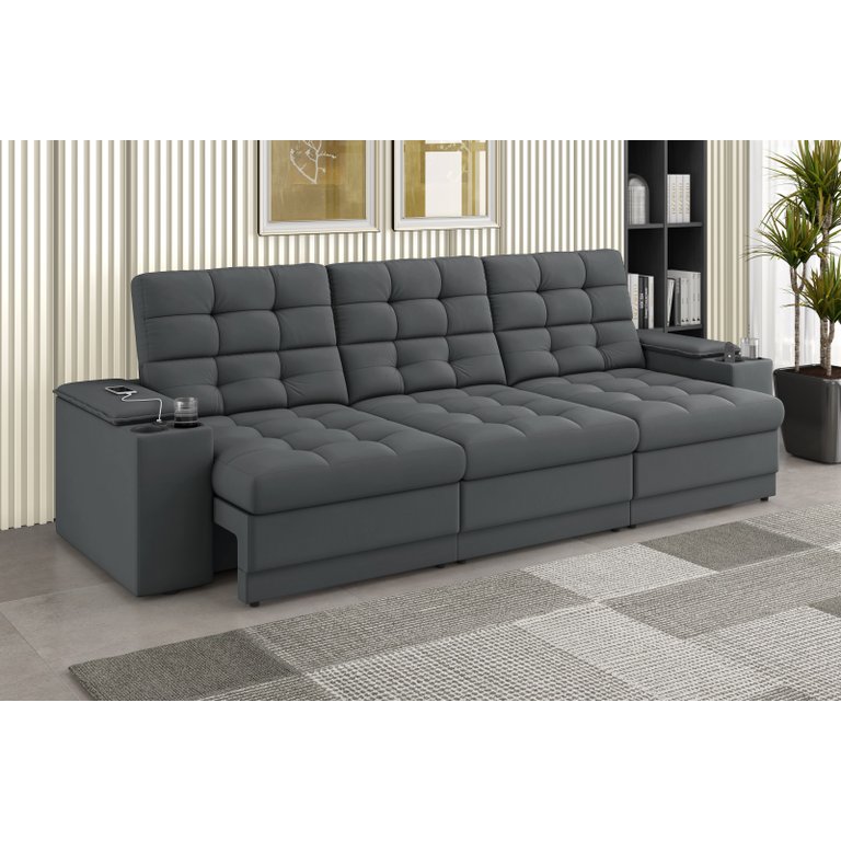 Sofá Confort Premium 2,30m Assento Retrátil/reclinável Porta Copos e Usb Suede Cinza - Xflex