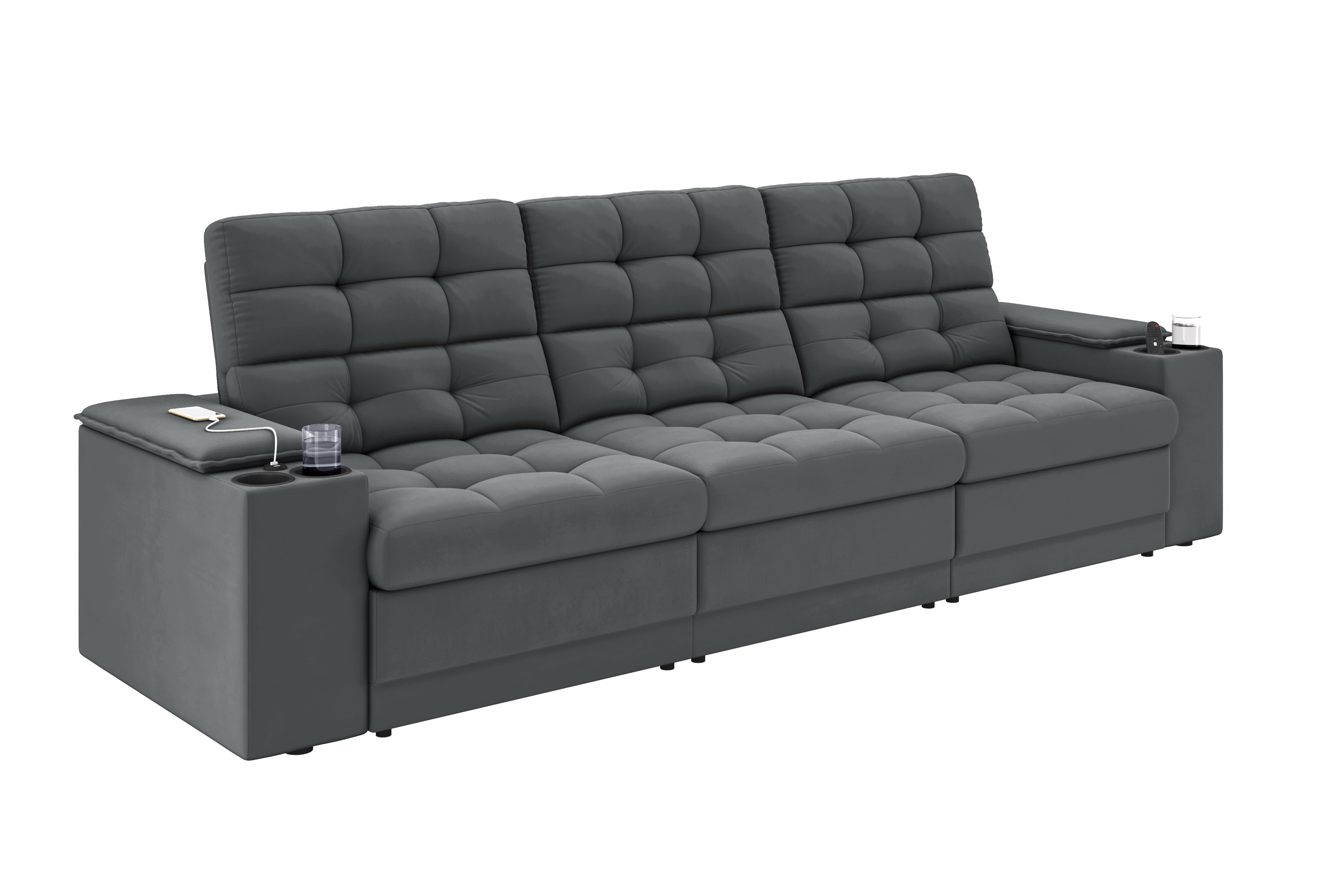 Sofá Confort Premium 2,30m Assento Retrátil/reclinável Porta Copos e Usb Suede Cinza - Xflex - 3