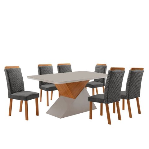 Mesa de Jantar Aster 180cm Tampo MDF Vidro Canto Copo com 6 Cadeiras Aline