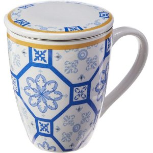 Caneca de Porcelana Super White com Tampa e Filtro Braga Azul/branca 310ml com Caixa de Presente