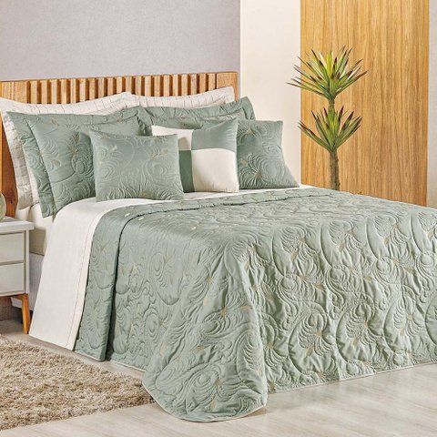 Cobre Leito Queen Melody Dupla Face Bordado 180 Fios 5 Peças - Verde Malva