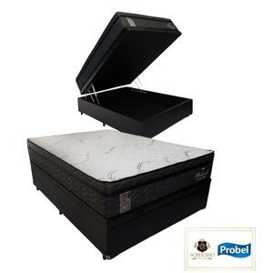 Cama Base Box com Baú Casal + Colchão de molas ensacadas Madrid Probel - 138x188x72:Preto