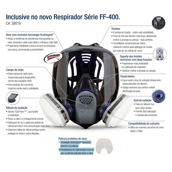 Mascara Respirador Facial Inteira 3M FF-400 CA 28019 HB004187074 - 7
