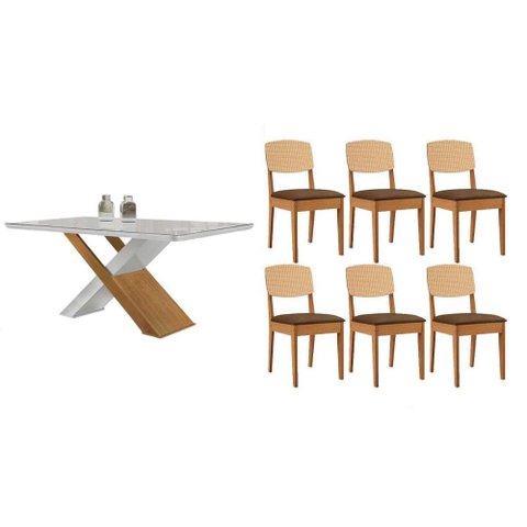 Conjunto: Mesa Sala Jantar Imperatriz Tampo c/ Vidro Curvo 180cm+6 Cadeiras Havana Naturale/Off