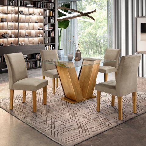 Conjunto Sala de Jantar Mesa Tampo de Vidro e 4 Cadeiras Classic