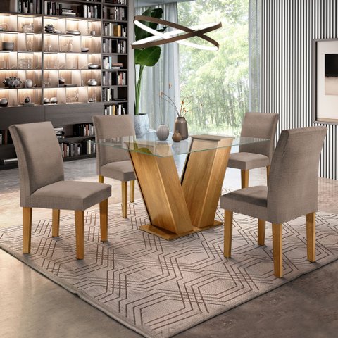 Conjunto Sala de Jantar Mesa 4 Cadeiras Tampo de Vidro Classic Marrom Cinamomo/Veludo Bege Escuro