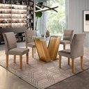 Ver imagem 1 de Conjunto Sala de Jantar Mesa 4 Cadeiras Tampo de Vidro Classic Marrom Cinamomo/Veludo Bege Escuro