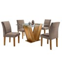 Ver imagem 2 de Conjunto Sala de Jantar Mesa 4 Cadeiras Tampo de Vidro Classic Marrom Cinamomo/Veludo Bege Escuro