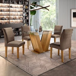 Conjunto Sala de Jantar Mesa Tampo de Vidro e 4 Cadeiras Classic  - 1