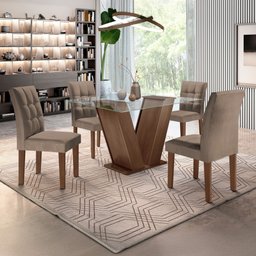 Conjunto Sala de Jantar Mesa Classic Tampo de Vidro 4 Cadeiras Vitória Cel Móveis - 1