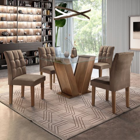 Conjunto Sala de Jantar Mesa Classic Tampo de Vidro 4 Cadeiras Vitória