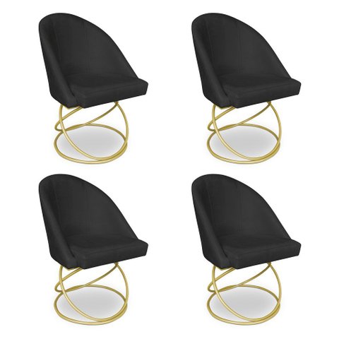 Kit 04 Cadeiras Poltrona de Jantar Bela Veludo Preto Base Metálica Luxo Dourado - Pallazio