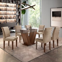 Conjunto Sala de Jantar Mesa Tampo de Vidro 6 Cadeiras Classic - 1 Conjunto Sala de Jantar Mesa Tampo de Vidro 6 Cadeiras Classic - 1