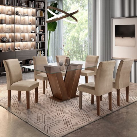 Conjunto Sala de Jantar Mesa Tampo de Vidro 6 Cadeiras Classic