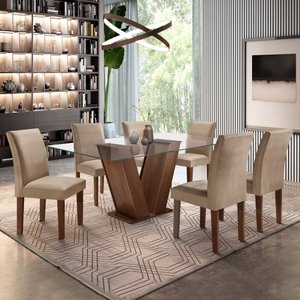 Conjunto Sala de Jantar Mesa Tampo de Vidro 6 Cadeiras Classic