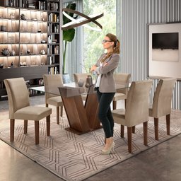 Conjunto Sala de Jantar Mesa Tampo de Vidro 6 Cadeiras Classic - 9 Conjunto Sala de Jantar Mesa Tampo de Vidro 6 Cadeiras Classic - 9