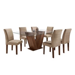 Conjunto Sala de Jantar Mesa Tampo de Vidro 6 Cadeiras Classic - 10 Conjunto Sala de Jantar Mesa Tampo de Vidro 6 Cadeiras Classic - 10