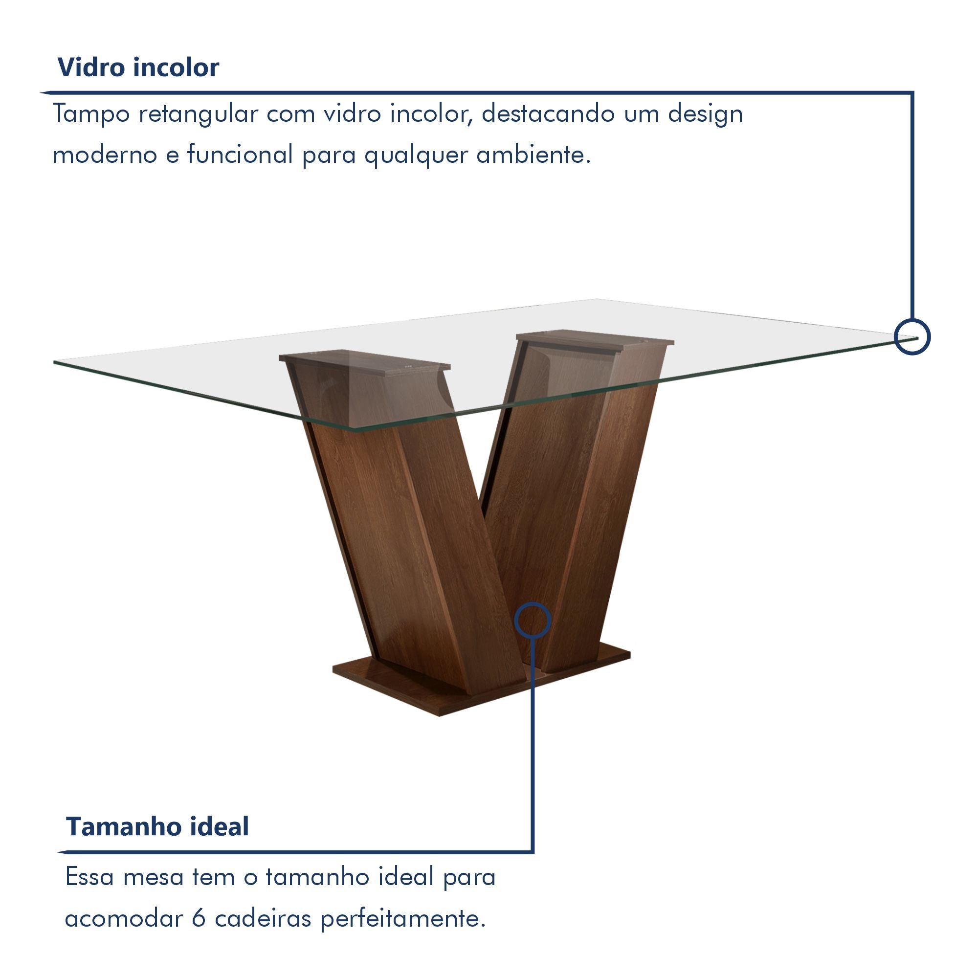 Conjunto Sala de Jantar Mesa Tampo de Vidro 6 Cadeiras Classic  - 4