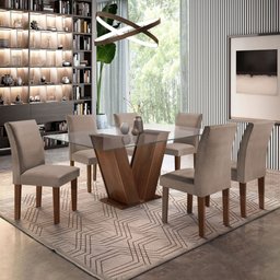 Conjunto Sala de Jantar Mesa Tampo de Vidro 6 Cadeiras Classic Cel Móveis - 1 Conjunto Sala de Jantar Mesa Tampo de Vidro 6 Cadeiras Classic Cel Móveis - 1