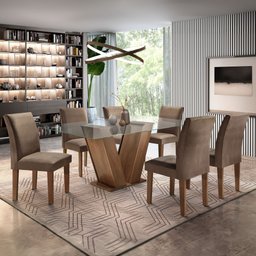 Conjunto Sala de Jantar Mesa Tampo de Vidro 6 Cadeiras Classic  - 1