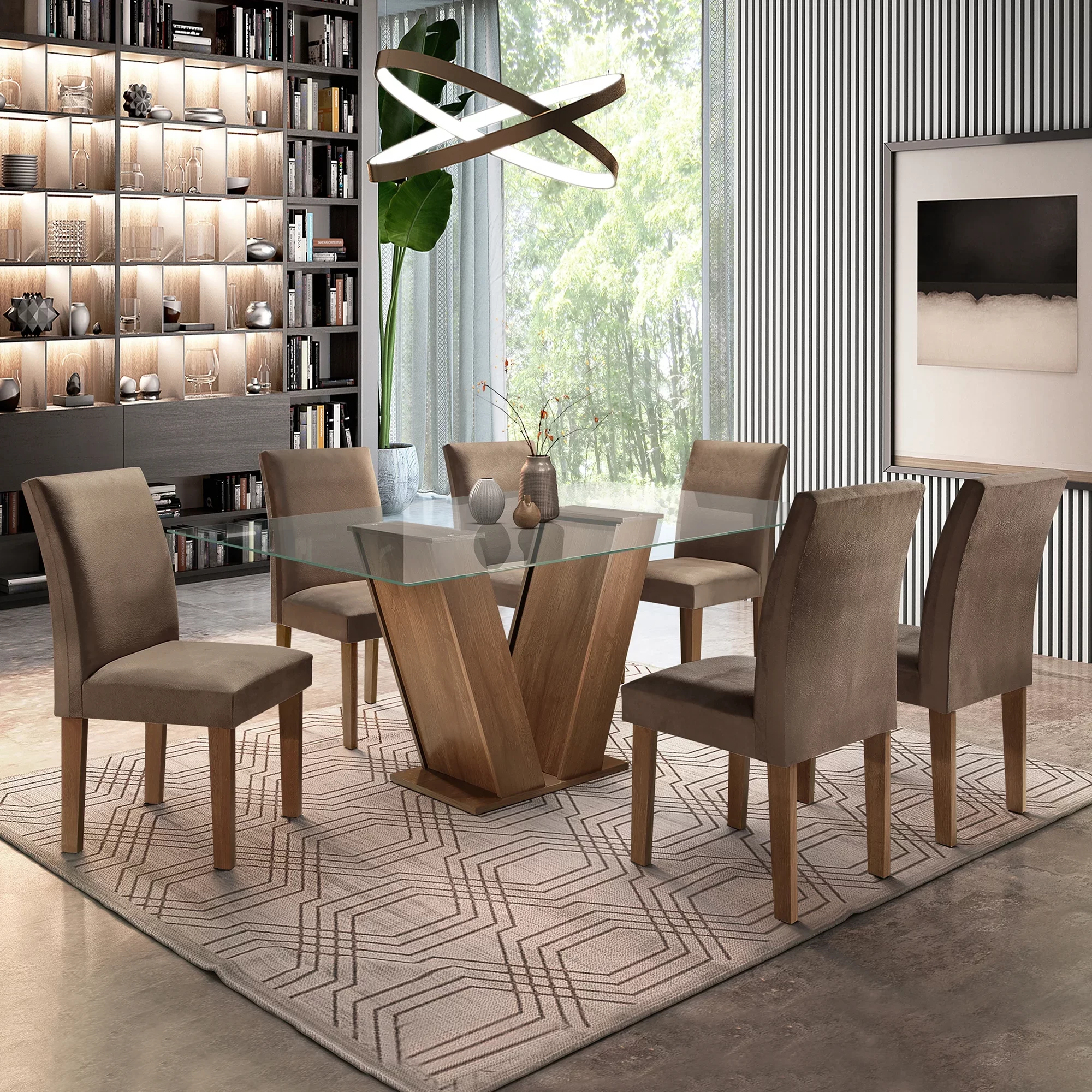 Conjunto sala de jantar mesa retangular madeira 6 cadeiras madeira