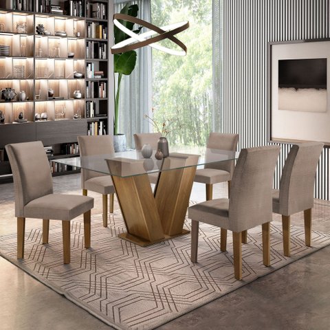 Conjunto Sala de Jantar Mesa 6 Cadeiras Tampo de Vidro Classic Cinamomo/Off White/Bege Escuro