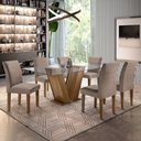 Ver imagem 1 de Conjunto Sala de Jantar Mesa 6 Cadeiras Tampo de Vidro Classic Cinamomo/Off White/Bege Escuro