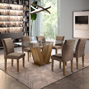 Conjunto Sala de Jantar Mesa Tampo de Vidro 6 Cadeiras Classic 