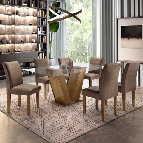 Conjunto Sala de Jantar Mesa Tampo de Vidro 6 Cadeiras Classic