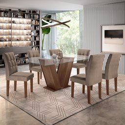 Conjunto Sala de Jantar Mesa Classic Tampo de Vidro 6 Cadeiras Vitória Cel Móveis - 1