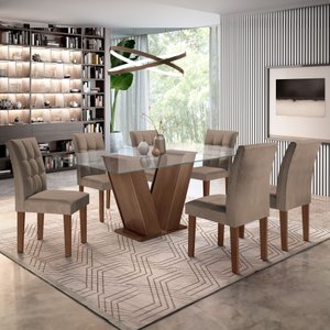 Conjunto Sala de Jantar Mesa Classic Tampo de Vidro 6 Cadeiras Vitória Cel Móveis